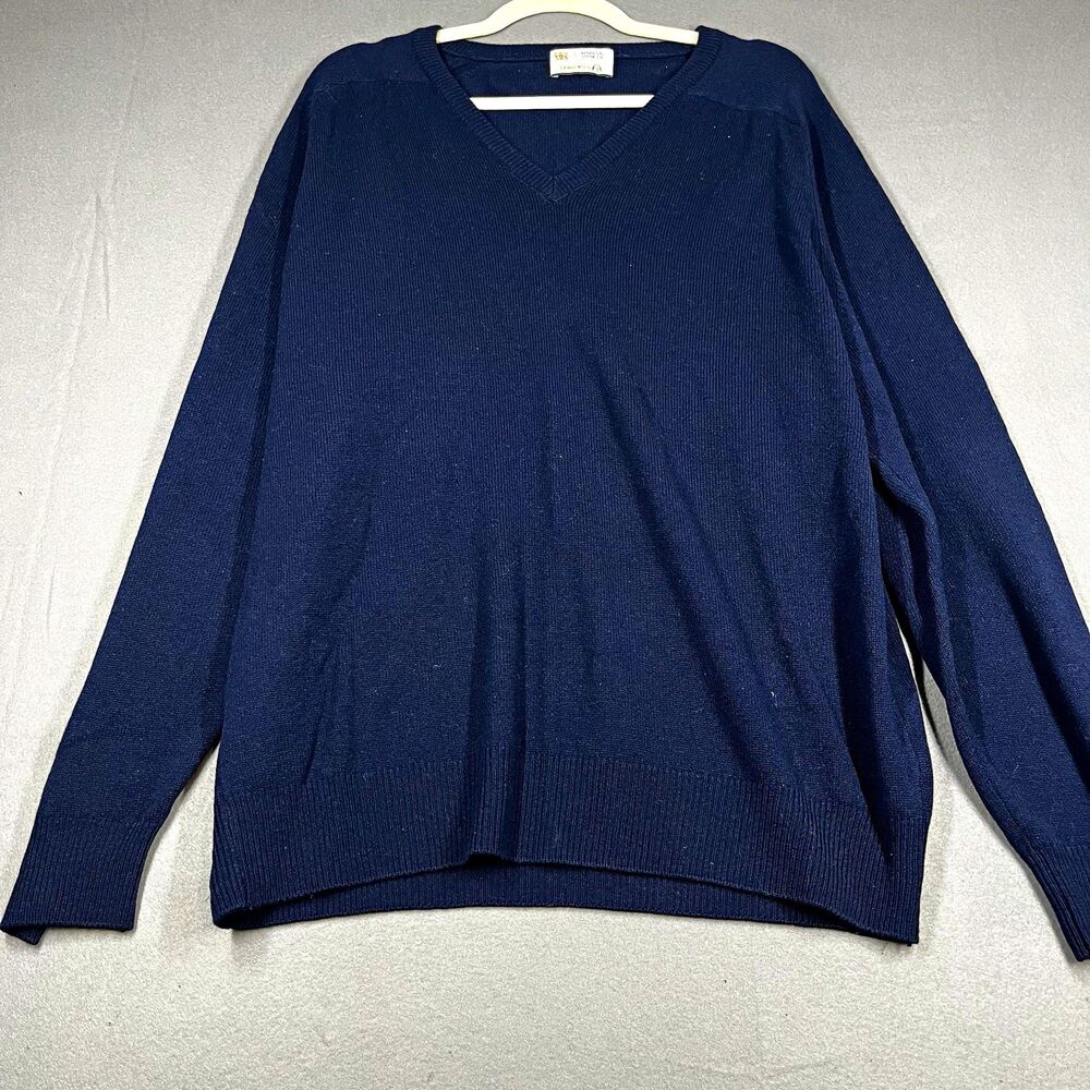 Marks & Spencer Men's Navy Lambswool Knit V-Neck Logo Pullover Sweater Size L